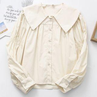 Peter Pan-collar Long-sleeve Plain Blouse Almond - One Size