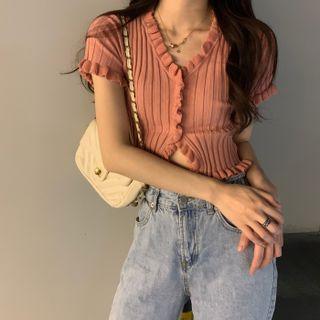Wood Ear Trim V-neck Cropped Knit Shirt