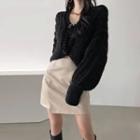 Bishop-sleeve Open-knit Cropped Cardigan