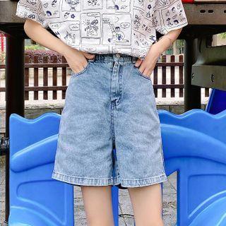 Heart Print Washed Denim Shorts