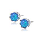 Sterling Silver Simple Fashion Geometric Round Blue Imitation Opal Stud Earrings Silver - One Size