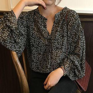 Bell Long-sleeve V-neck Floral Chiffon Blouse