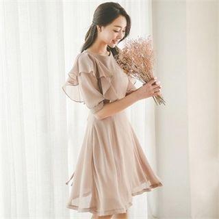 Ruffle-trim Puff-sleeve A-line Dress
