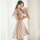 Ruffle-trim Puff-sleeve A-line Dress