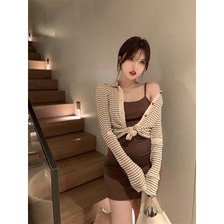 Collar Striped Cardigan / Spaghetti Strap Mini Sheath Dress