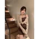 Collar Striped Cardigan / Spaghetti Strap Mini Sheath Dress