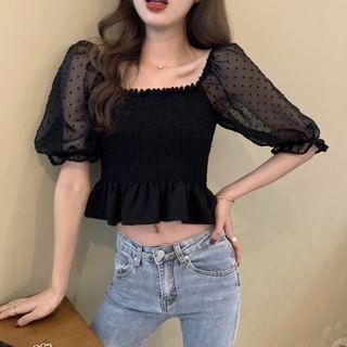 Puff-sleeve Ruffled Cropped Blouse