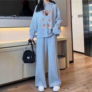 Set: Bear Print Hoodie + Wide Leg Pants