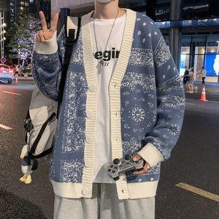 V-neck Two Tone Printed Button-up Oversize Cardigan