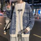 V-neck Two Tone Printed Button-up Oversize Cardigan