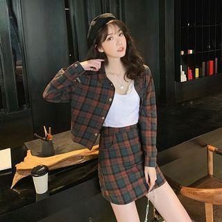 Set: Long-sleeve Plaid Shirt + Mini A-line Skirt