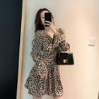 Long-sleeve V-neck Leopard Drawstring Dress
