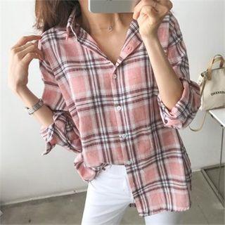 Plaid Dip-back Shirt Pink - One Size