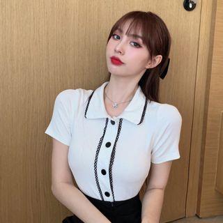 Polo Neckline Lace Plain Top