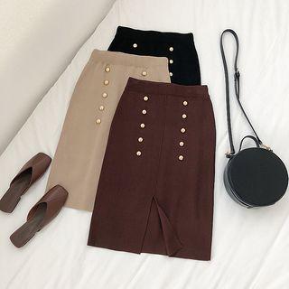 Buttoned Slit-front Knit Midi Skirt