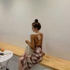 Long-sleeve Open Back T-shirt / Plaid Midi Ruffled A-line Skirt