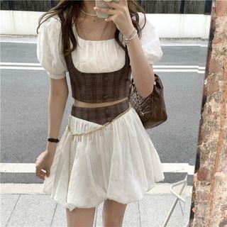 Short-sleeve Mock Two-piece Cropped Blouse / Mini Skirt