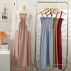 Ruffle-neckline Smocked Sleeveless Midi Dress In 5 Colors
