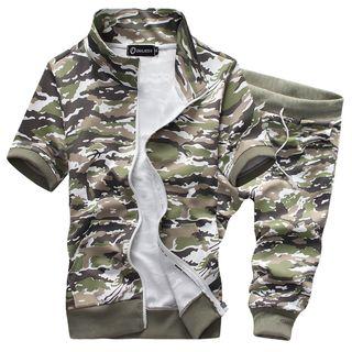 Set : Camouflage Short-sleeve Jacket + Cropped Pants