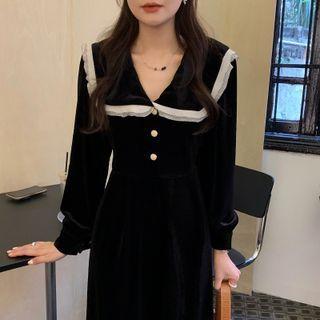 Puff-sleeve Ruffle Trim Midi A-line Dress Black - One Size