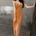 Spaghetti Strap V-neck Slit Midi Sheath Dress