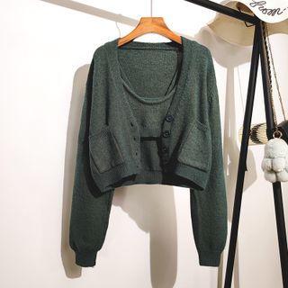 Set: Crop Knit Tank Top + Cardigan Knit Tank Top & Cardigan - Dark Green - One Size