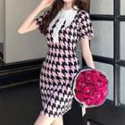 Short-sleeve Collar Houndstooth Mini Sheath Dress