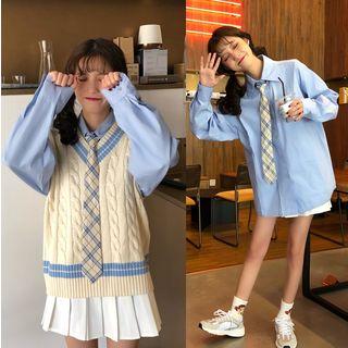 Tie-neck Shirt / Cable Knit Vest