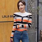 Mock Two-piece Striped Cold Shoulder Sweater Stripes - One Size