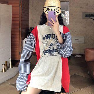 Stripe-sleeve Eagle Print T-shirt As Shown In Figure - One Size