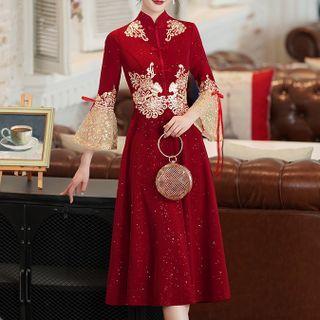 3/4-sleeve Embroidered Chinese Traditional Cocktail Dress