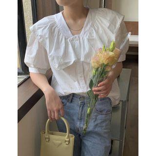 Short-sleeve Ruffle Plain Blouse White - One Size