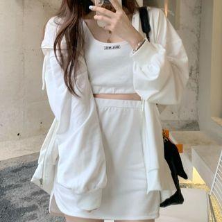 Lettering Cropped Tank Top / A-line Skirt / Zip Hoodie / Set