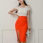Set: Off-shoulder Short-sleeve Top + Side Slit Pencil Skirt