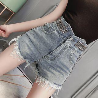 Studded Fringed Hem Denim Hot Pants