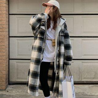 Plaid Long Woolen Coat Gray & Black & Beige - One Size