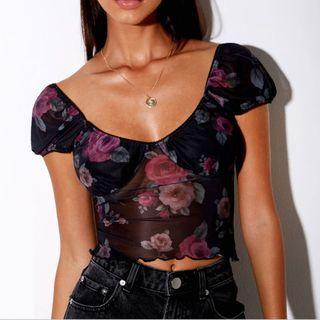 Short Sleeve Floral Print Ruffled-trim Crop Top
