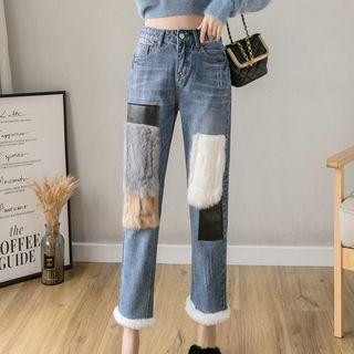 Fluffy Panel High-waist Straight-leg Jeans