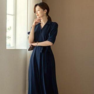 Open-placket Pintuck-trim Shirtdress With Sash