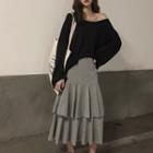 Long-sleeve T-shirt / Tiered Ruffle Midi Skirt
