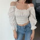 Bell-sleeve Tie-neck Shirred Cropped Top White - One Size