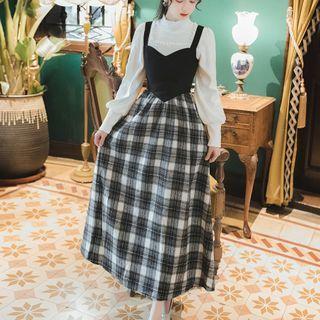 Set: Puff-sleeve Sweater + Plaid Panel Midi Jumper Dress