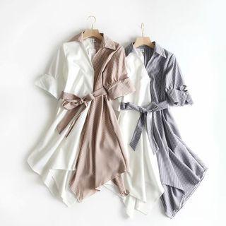 Elbow-sleeve Striped Panel A-line Shirtdress