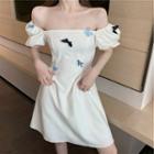 Puff-sleeve Ribbon Accent A-line Dress