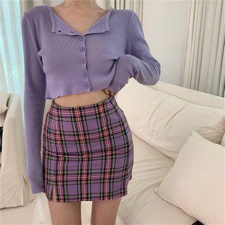 Long-sleeve Buttoned Knit Top / Plaid Pencil Skirt