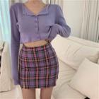 Long-sleeve Buttoned Knit Top / Plaid Pencil Skirt
