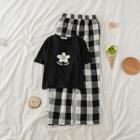 Set: Flower Print T-shirt + Check Straight-leg Pants