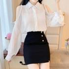 Long-sleeve Embellished Cold Shoulder Shirt / Fitted Mini Skirt / Set