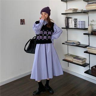 Long-sleeve Plain Shirt Dress / Knit Vest
