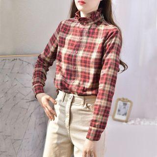 Long-sleeve Plaid Frill Trim Stand Collar Shirt